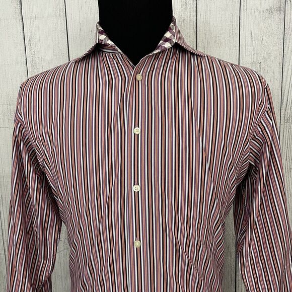 Thomas Dean Men's Medium Multicolor Striped Contrast Cuff L/S Button-Front Shirt - Picture 1 of 6